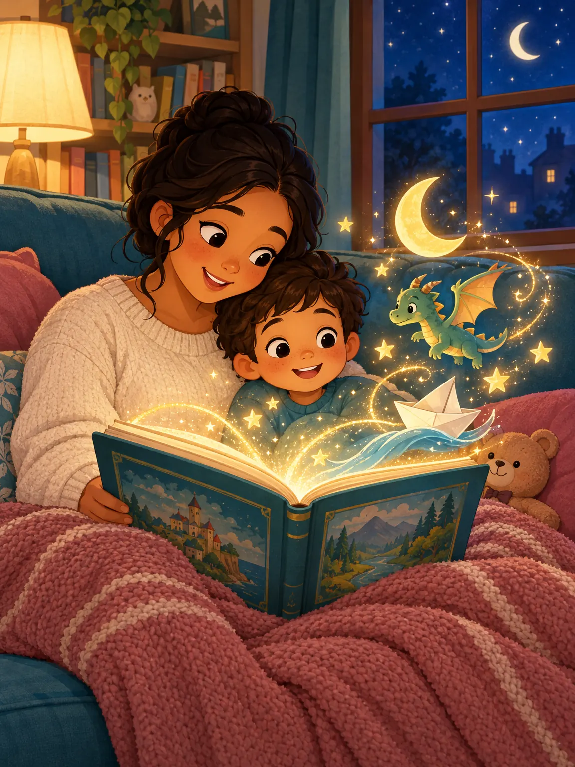 Cartoon illustration of a parent and child cuddled up reading a glowing personalised storybook at bedtime.