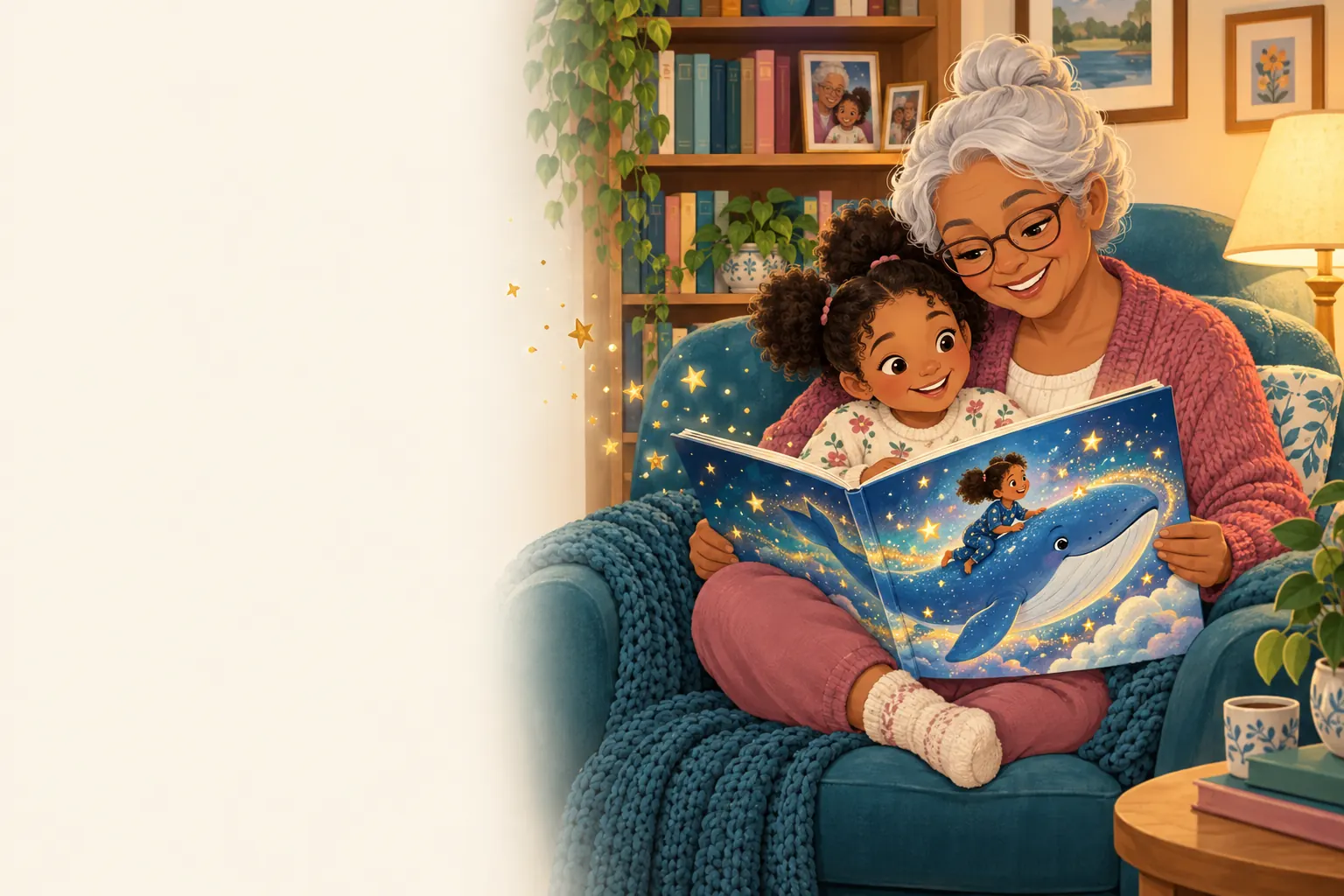 A grandmother reads a personalised picture book with her granddaughter, who appears in the illustrations herself.
