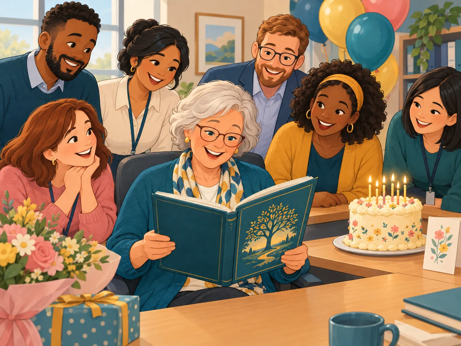 Cartoon illustration of colleagues celebrating as a smiling woman opens a personalised book on her retirement day.