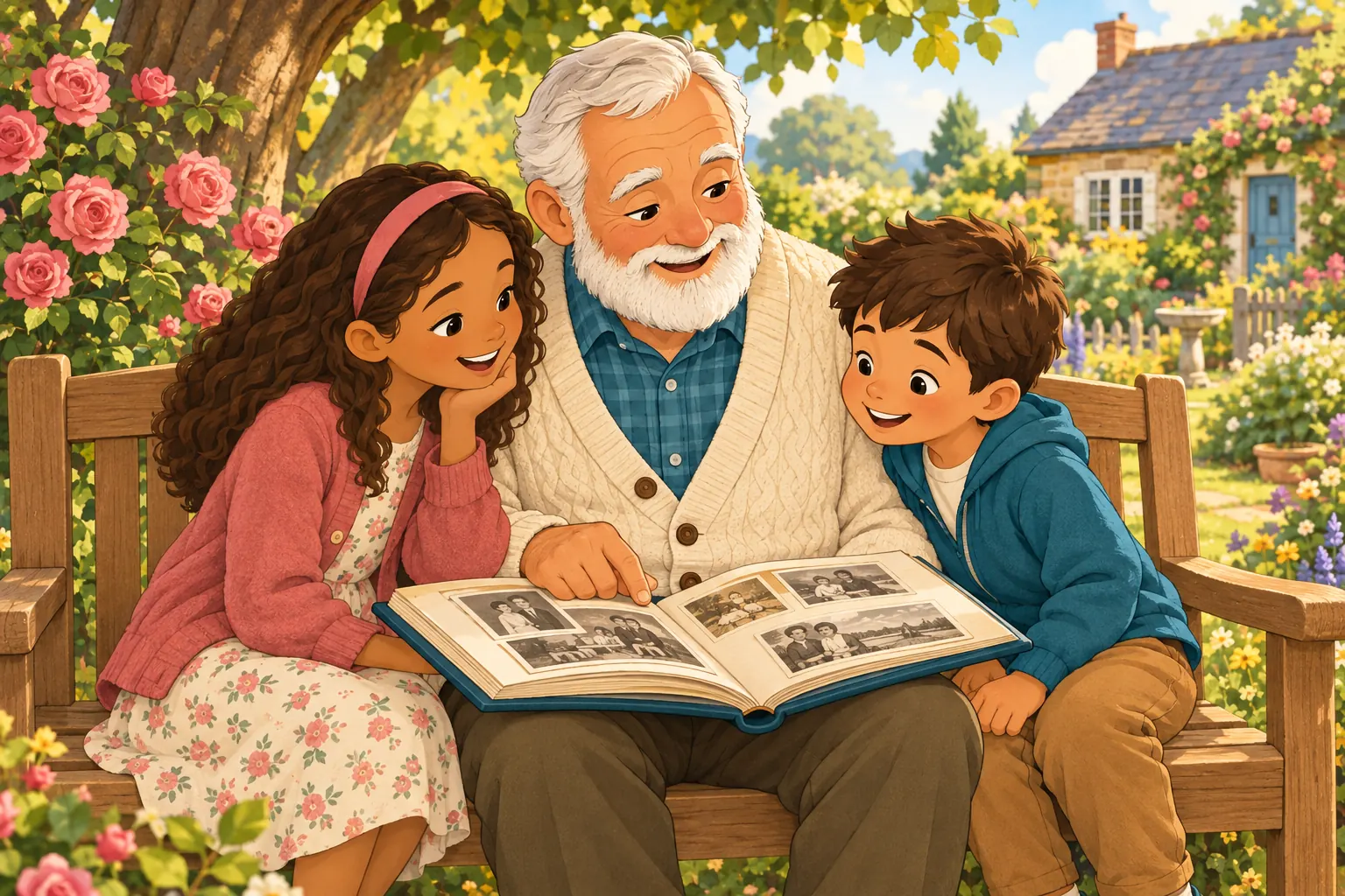 Cartoon illustration of a grandfather sharing a family photo album with his two grandchildren on a garden bench.
