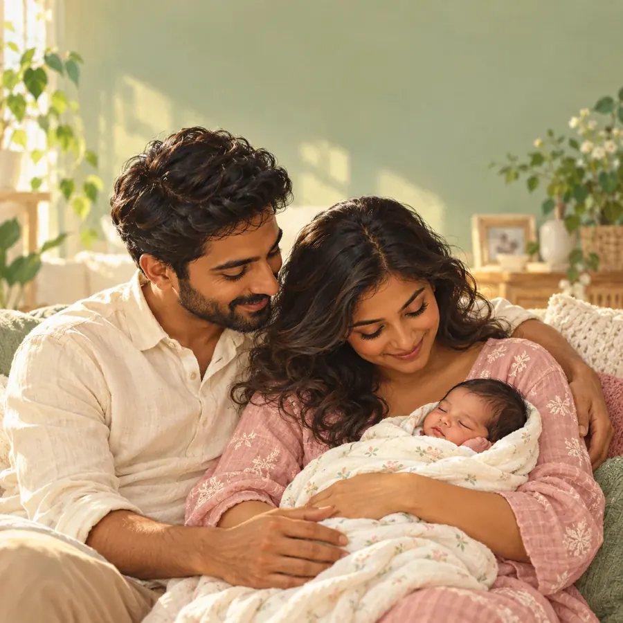 Illustration of a newborn baby held by loving parents.