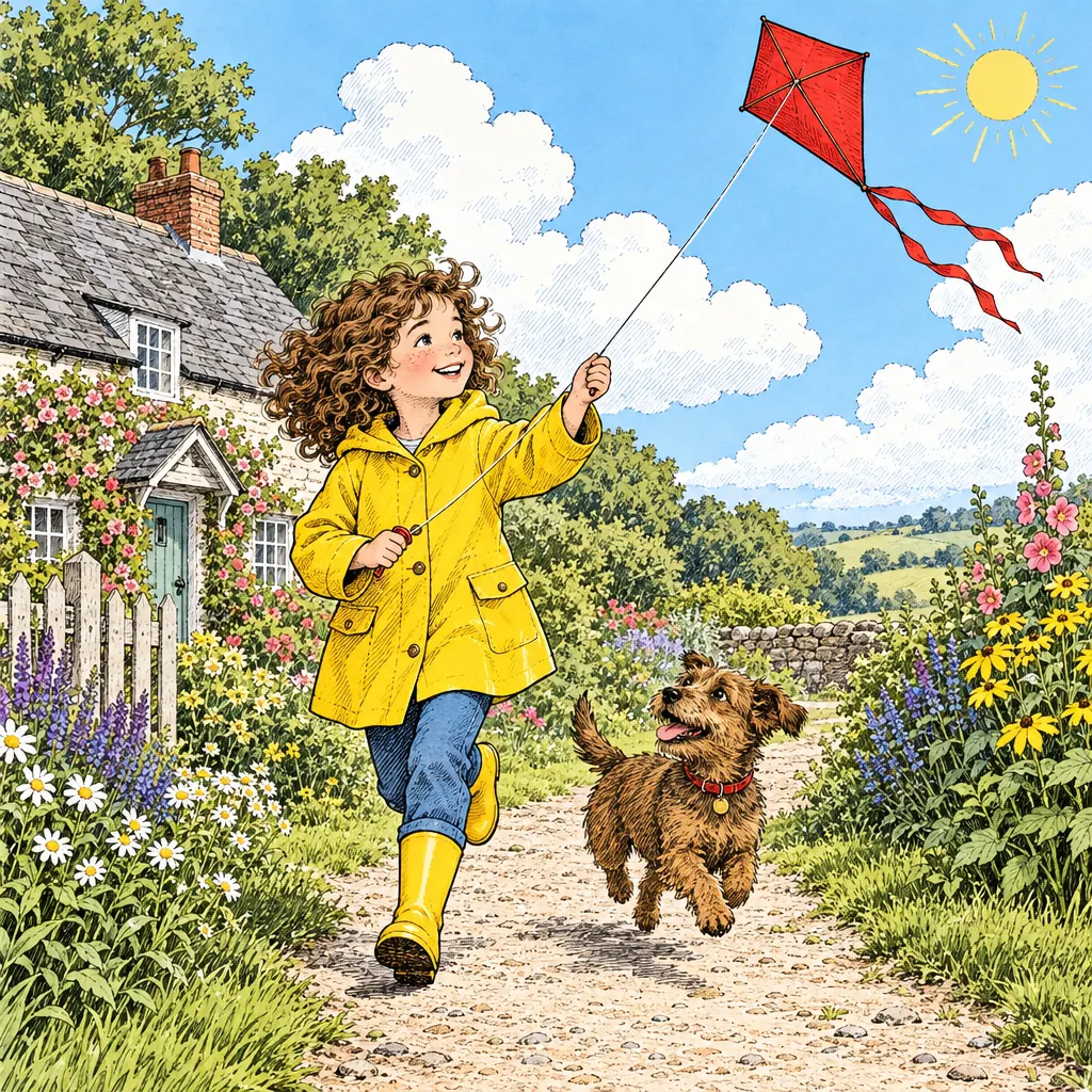 The ink illustration style: a girl and her dog flying a kite